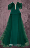 MNM Couture Style Q1010 strapless ballgown with a crystal-embellished deep V-neckline and flowy organza peplum skirt. \Couture Shop LA