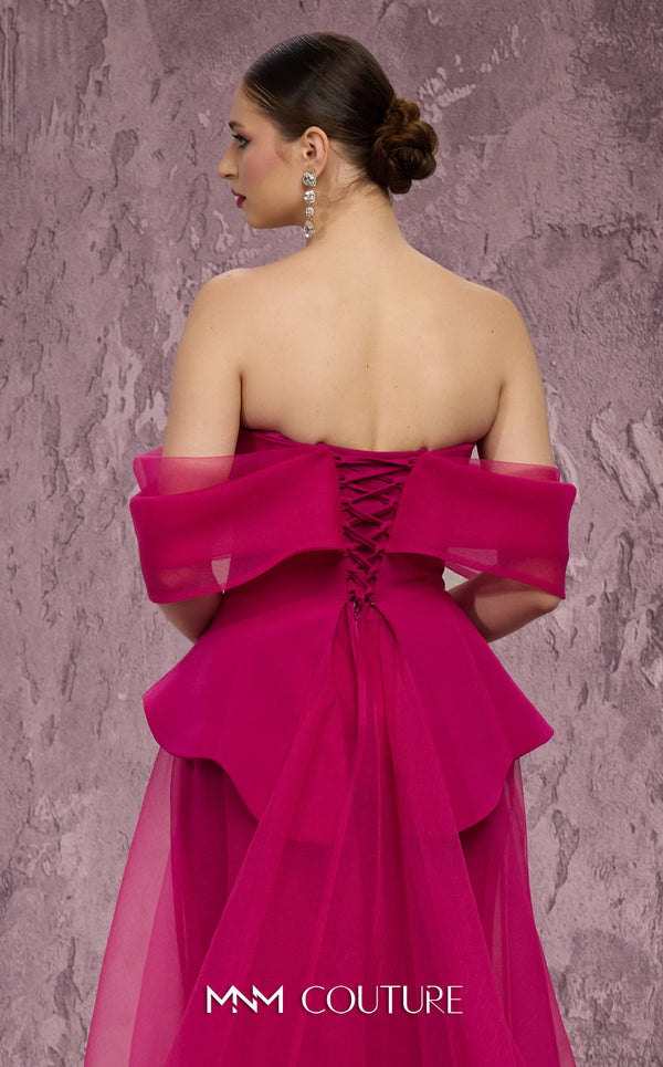 MNM Couture Style Q1010 strapless ballgown with a crystal-embellished deep V-neckline and flowy organza peplum skirt. \Couture Shop LA