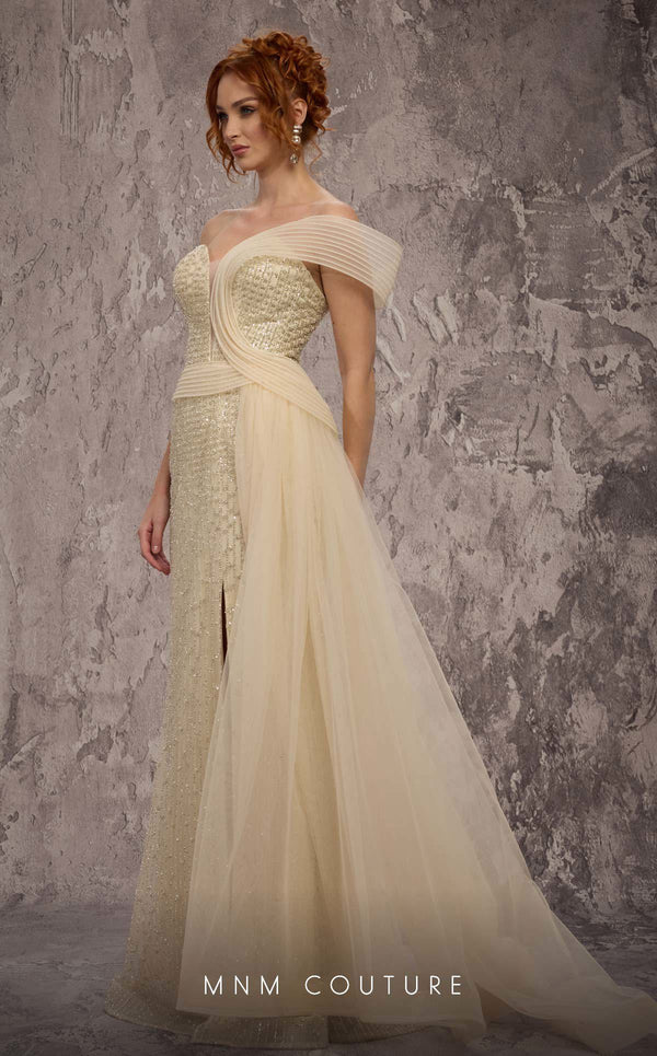 MNM Couture Style Q1405 strapless gown with beadwork, structured peplum, and off-the-shoulder strap. \ Couture Shop LA
