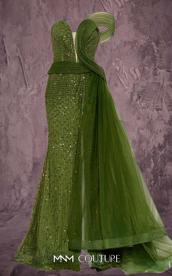 MNM Couture Style Q1405 strapless gown with beadwork, structured peplum, and off-the-shoulder strap. \ Couture Shop LA