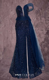 MNM Couture Style Q1405 strapless gown with beadwork, structured peplum, and off-the-shoulder strap. \ Couture Shop LA