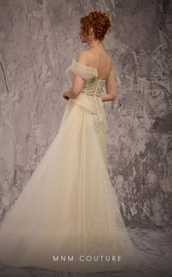 MNM Couture Style Q1405 strapless gown with beadwork, structured peplum, and off-the-shoulder strap. \ Couture Shop LA