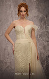 MNM Couture Style Q1405 strapless gown with beadwork, structured peplum, and off-the-shoulder strap. \ Couture Shop LA