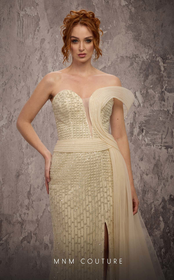 MNM Couture Style Q1405 strapless gown with beadwork, structured peplum, and off-the-shoulder strap. \ Couture Shop LA