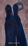 MNM Couture Style Q1405 strapless gown with beadwork, structured peplum, and off-the-shoulder strap. \ Couture Shop LA