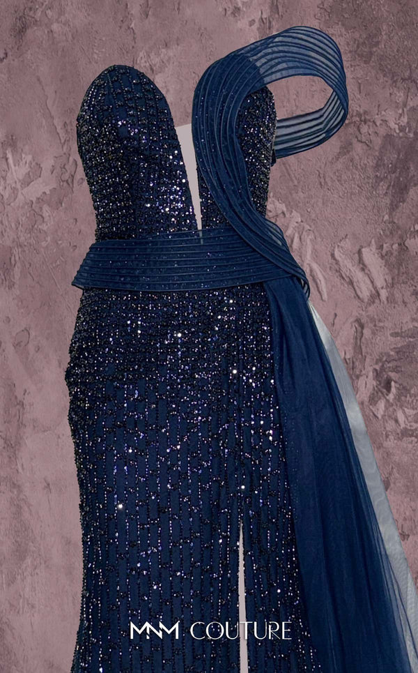 MNM Couture Style Q1405 strapless gown with beadwork, structured peplum, and off-the-shoulder strap. \ Couture Shop LA