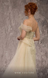 MNM Couture Style Q1405 strapless gown with beadwork, structured peplum, and off-the-shoulder strap. \ Couture Shop LA