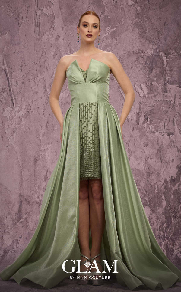MNM Couture Style Q2024 metallic taffeta gown with a double skirt, beaded panel, and strapless bodice. \ Couture Shop LA