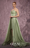 MNM Couture Style Q2024 metallic taffeta gown with a double skirt, beaded panel, and strapless bodice. \ Couture Shop LA