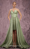MNM Couture Style Q2024 metallic taffeta gown with a double skirt, beaded panel, and strapless bodice. \ Couture Shop LA