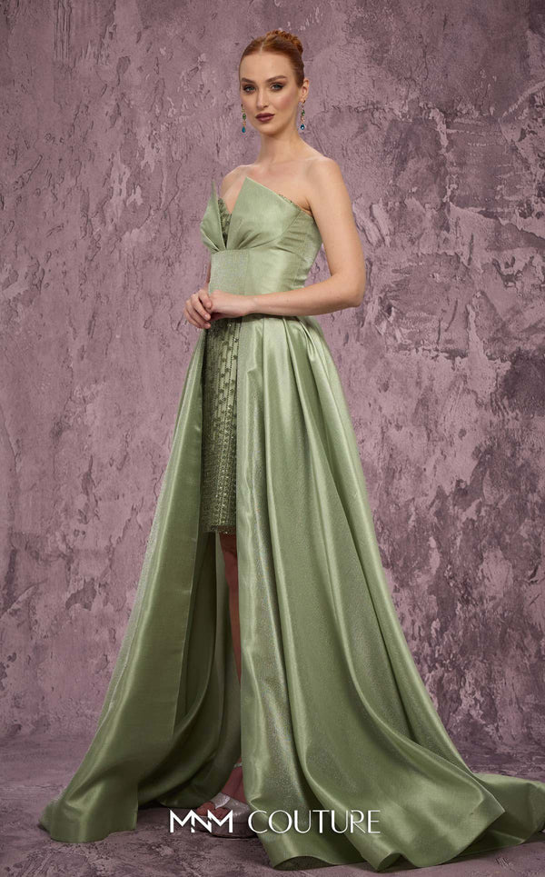 MNM Couture Style Q2024 metallic taffeta gown with a double skirt, beaded panel, and strapless bodice. \ Couture Shop LA
