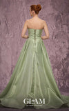 MNM Couture Style Q2024 metallic taffeta gown with a double skirt, beaded panel, and strapless bodice. \ Couture Shop LA