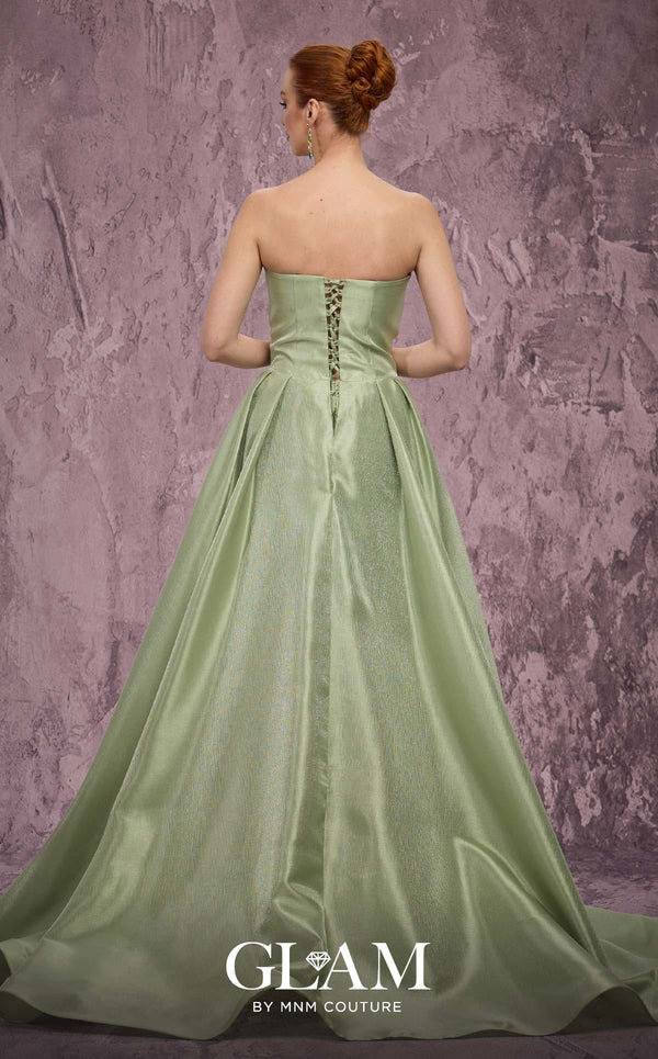MNM Couture Style Q2024 metallic taffeta gown with a double skirt, beaded panel, and strapless bodice. \ Couture Shop LA
