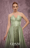 MNM Couture Style Q2024 metallic taffeta gown with a double skirt, beaded panel, and strapless bodice. \ Couture Shop LA