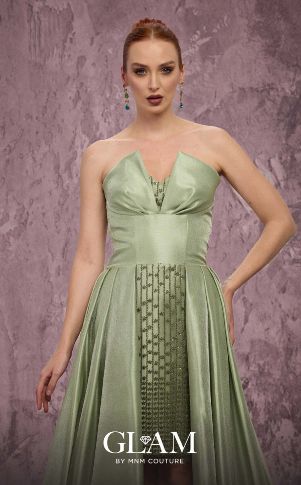 MNM Couture Style Q2024 metallic taffeta gown with a double skirt, beaded panel, and strapless bodice. \ Couture Shop LA