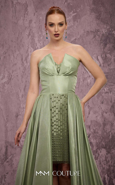 MNM Couture Style Q2024 metallic taffeta gown with a double skirt, beaded panel, and strapless bodice. \ Couture Shop LA