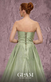 MNM Couture Style Q2024 metallic taffeta gown with a double skirt, beaded panel, and strapless bodice. \ Couture Shop LA