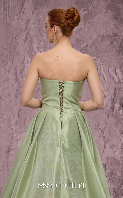 MNM Couture Style Q2024 metallic taffeta gown with a double skirt, beaded panel, and strapless bodice. \ Couture Shop LA