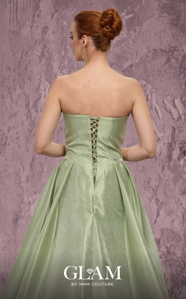 MNM Couture Style Q2024 metallic taffeta gown with a double skirt, beaded panel, and strapless bodice. \ Couture Shop LA