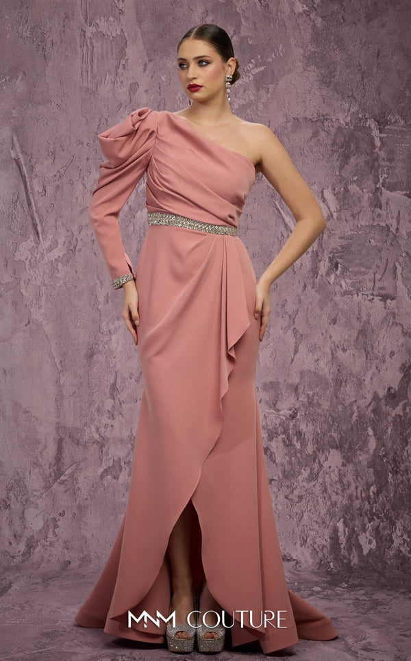 MNM Couture Style Q2851 crepe gown with one sleeve, asymmetrical neckline, and a flowing train. \ Couture Shop LA