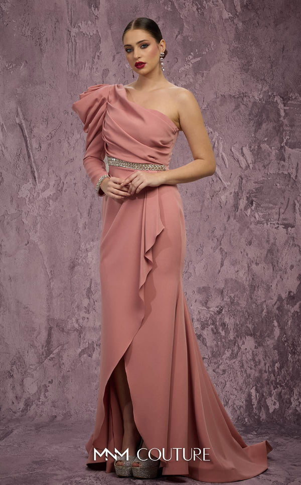 MNM Couture Style Q2851 crepe gown with one sleeve, asymmetrical neckline, and a flowing train. \ Couture Shop LA