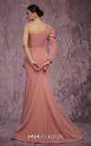 MNM Couture Style Q2851 crepe gown with one sleeve, asymmetrical neckline, and a flowing train. \ Couture Shop LA