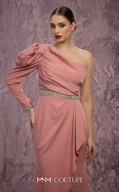 MNM Couture Style Q2851 crepe gown with one sleeve, asymmetrical neckline, and a flowing train. \ Couture Shop LA