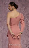 MNM Couture Style Q2851 crepe gown with one sleeve, asymmetrical neckline, and a flowing train. \ Couture Shop LA