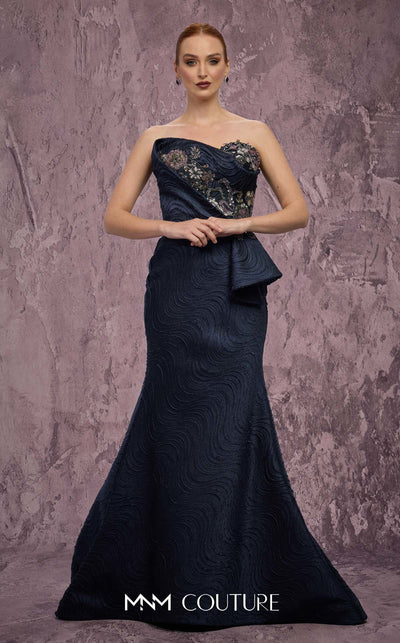 MNM Couture Style Q2908 strapless brocade mermaid gown with beaded embellishments, asymmetrical neckline, and side peplum. \ Couture Shop LA