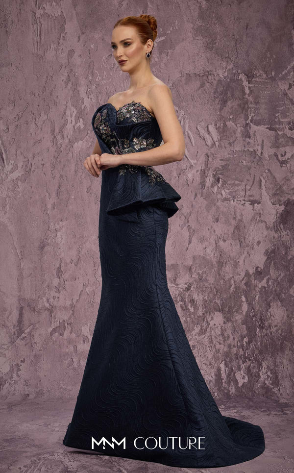 MNM Couture Style Q2908 strapless brocade mermaid gown with beaded embellishments, asymmetrical neckline, and side peplum. \ Couture Shop LA