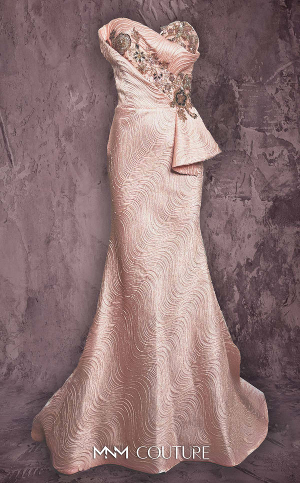 MNM Couture Style Q2908 strapless brocade mermaid gown with beaded embellishments, asymmetrical neckline, and side peplum. \ Couture Shop LA