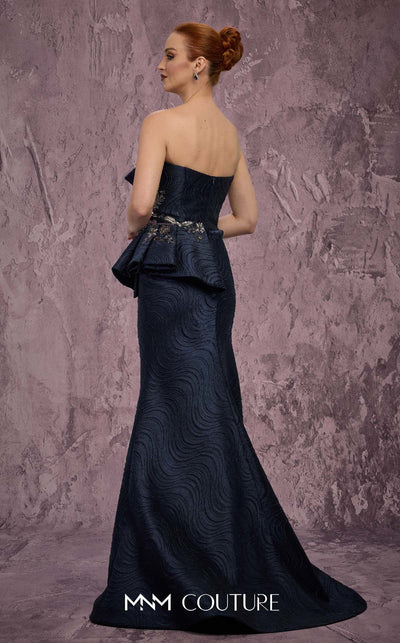MNM Couture Style Q2908 strapless brocade mermaid gown with beaded embellishments, asymmetrical neckline, and side peplum. \ Couture Shop LA
