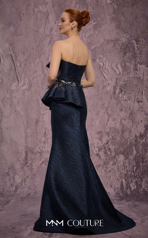 MNM Couture Style Q2908 strapless brocade mermaid gown with beaded embellishments, asymmetrical neckline, and side peplum. \ Couture Shop LA