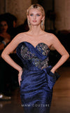 MNM Couture Style Q2908 strapless brocade mermaid gown with beaded embellishments, asymmetrical neckline, and side peplum. \ Couture Shop LA