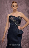 MNM Couture Style Q2908 strapless brocade mermaid gown with beaded embellishments, asymmetrical neckline, and side peplum. \ Couture Shop LA