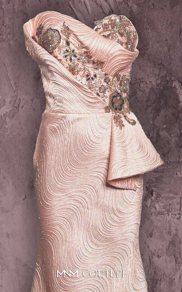 MNM Couture Style Q2908 strapless brocade mermaid gown with beaded embellishments, asymmetrical neckline, and side peplum. \ Couture Shop LA