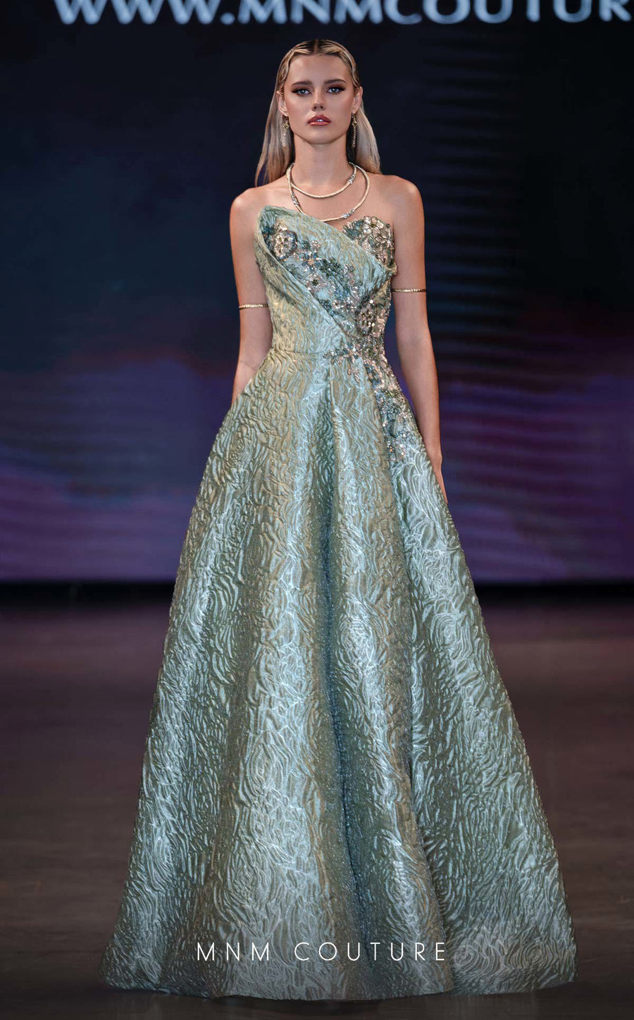 MNM Couture Style Q3355: Brocade A-Line Gown with Beaded Bodice