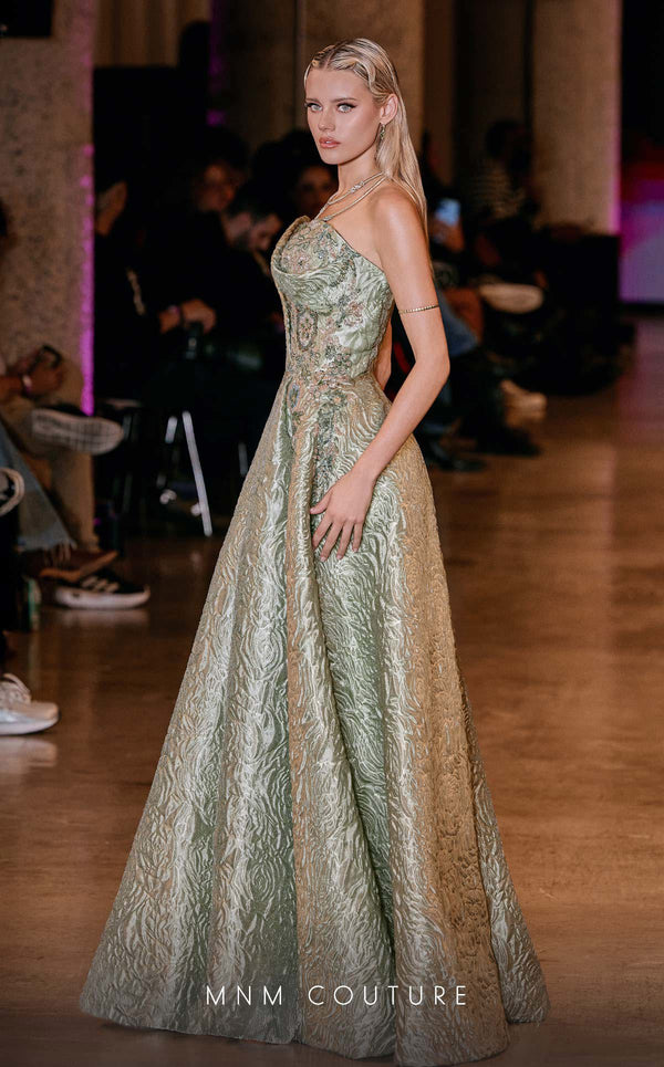 MNM Couture Style Q3355 strapless brocade A-line gown with a beaded bodice and flowing skirt. \ Couture Shop LA