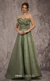 MNM Couture Style Q3355 strapless brocade A-line gown with a beaded bodice and flowing skirt. \ Couture Shop LA