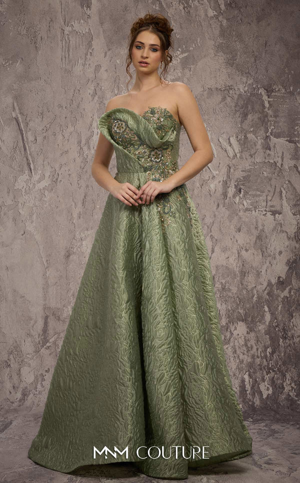 MNM Couture Style Q3355 strapless brocade A-line gown with a beaded bodice and flowing skirt. \ Couture Shop LA