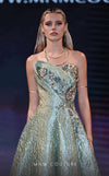 MNM Couture Style Q3355 strapless brocade A-line gown with a beaded bodice and flowing skirt. \ Couture Shop LA