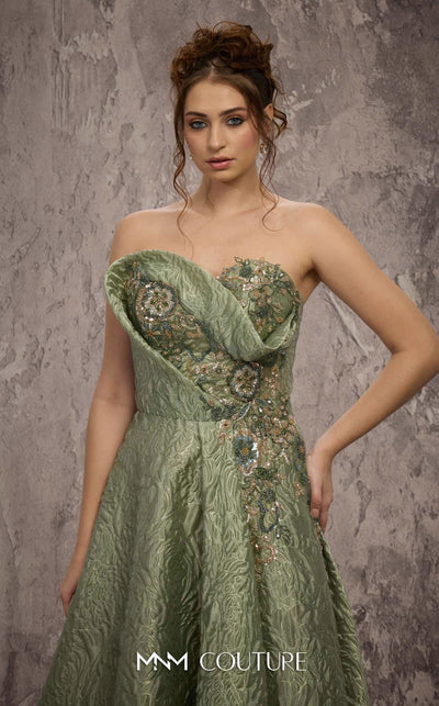 MNM Couture Style Q3355 strapless brocade A-line gown with a beaded bodice and flowing skirt. \ Couture Shop LA