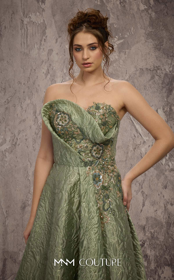 MNM Couture Style Q3355 strapless brocade A-line gown with a beaded bodice and flowing skirt. \ Couture Shop LA