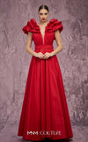 MNM Couture Style Q4363 taffeta A-line gown with peplum shoulders, deep V-neckline, and open-back bodice. \ Couture Shop LA