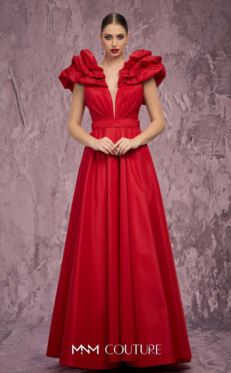 MNM Couture Style Q4363: Taffeta A-Line Gown with Peplum Shoulders