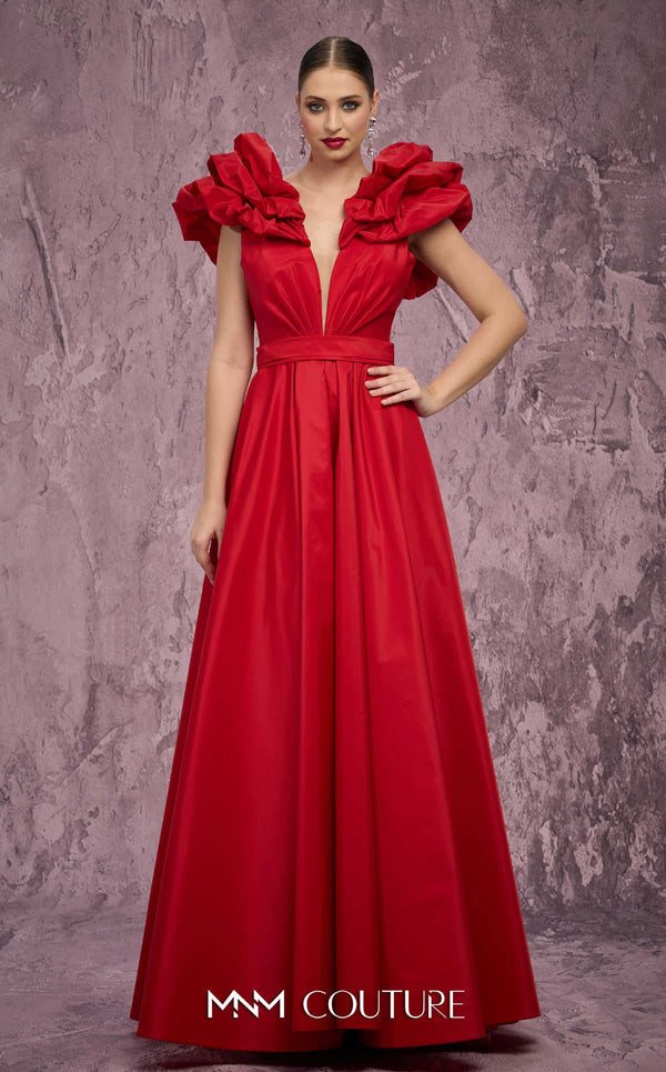 MNM Couture Style Q4363 taffeta A-line gown with peplum shoulders, deep V-neckline, and open-back bodice. \ Couture Shop LA