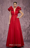 MNM Couture Style Q4363 taffeta A-line gown with peplum shoulders, deep V-neckline, and open-back bodice. \ Couture Shop LA