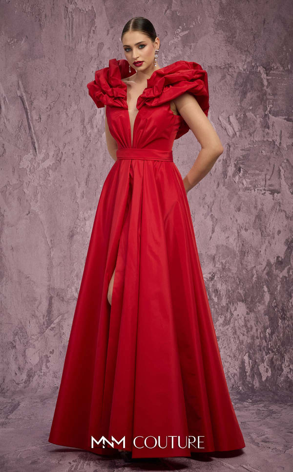 MNM Couture Style Q4363 taffeta A-line gown with peplum shoulders, deep V-neckline, and open-back bodice. \ Couture Shop LA