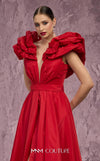 MNM Couture Style Q4363 taffeta A-line gown with peplum shoulders, deep V-neckline, and open-back bodice. \ Couture Shop LA