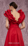 MNM Couture Style Q4363 taffeta A-line gown with peplum shoulders, deep V-neckline, and open-back bodice. \ Couture Shop LA